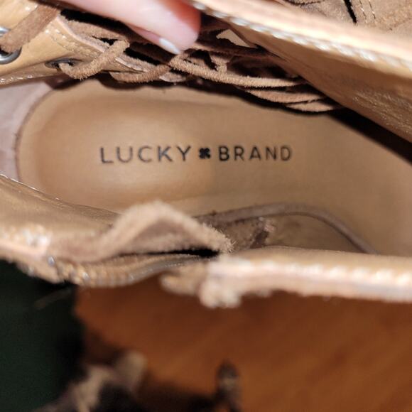 Lucky Brand Chestnut Brown Leather Open Toe Booties Size 6 Side Zip Lace Detail - Picture 7 of 9